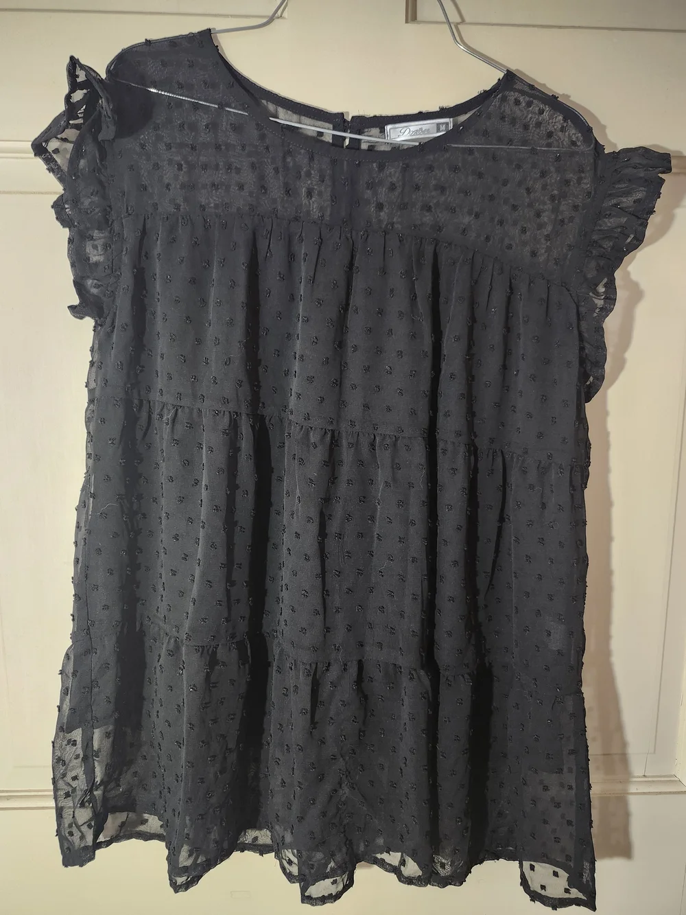 Women's Black Swiss Dot Ruffle Sleeve Blouse